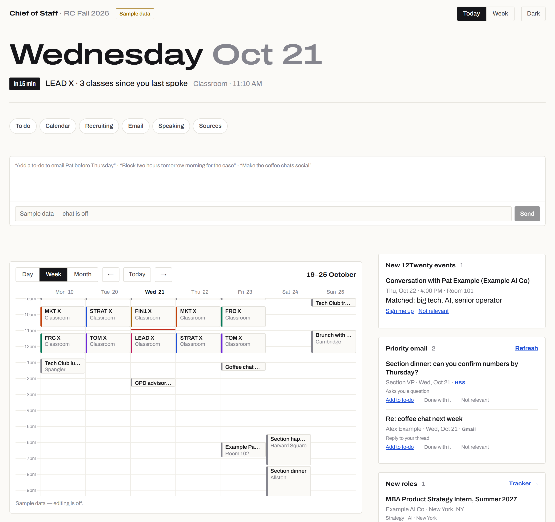 The Chief of Staff console on sample data: a week calendar of classes and events, an AI agent chat box, recruiting events and priority email.