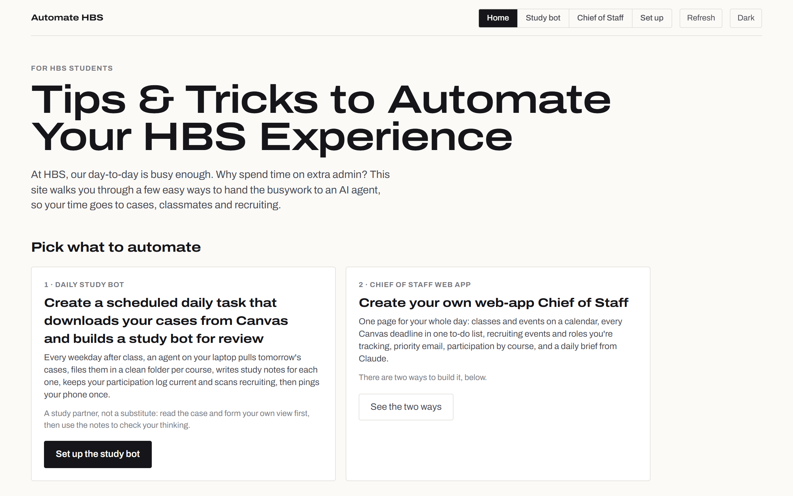 The guide's home page, Tips & Tricks to Automate Your HBS Experience, offering a daily study bot and a Chief of Staff web app.
